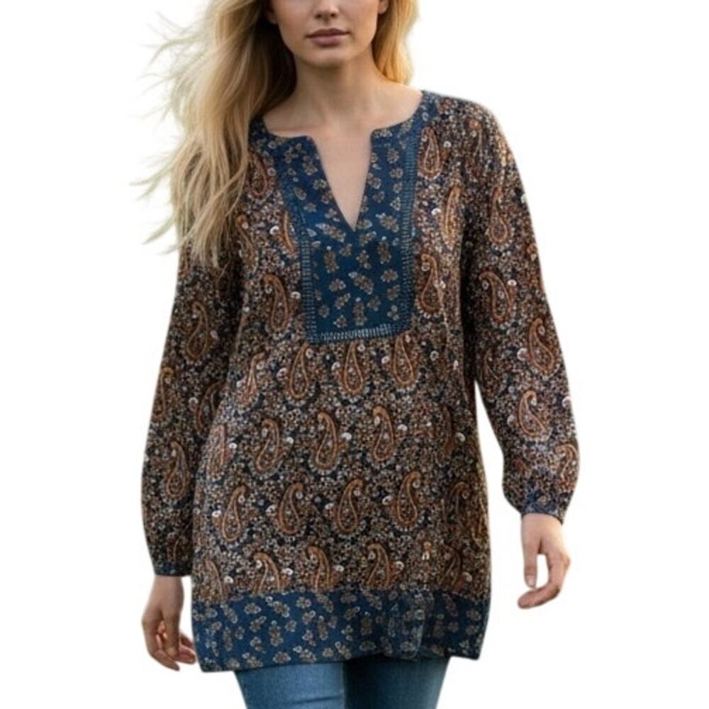DR2 Peasant Top Womens XL Brown Teal Paisley Floral Boho V-Neck